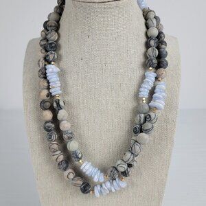 Natural Stone And Agate Beaded Necklace Gray and Lavender Opera Length Endless